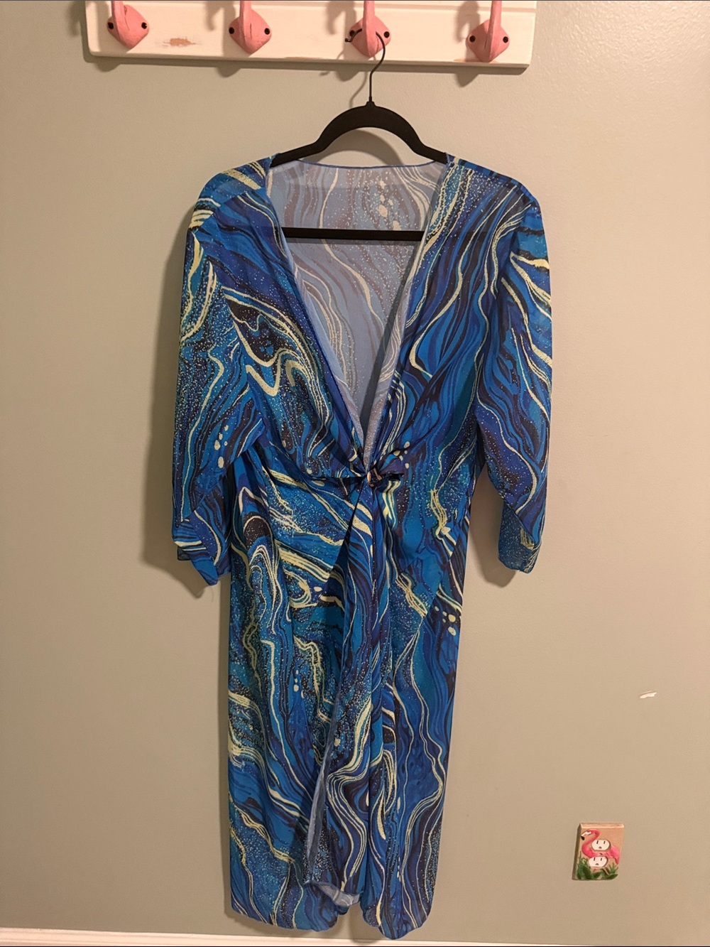 Blue Marble-Print Tie-Front Midi Dress